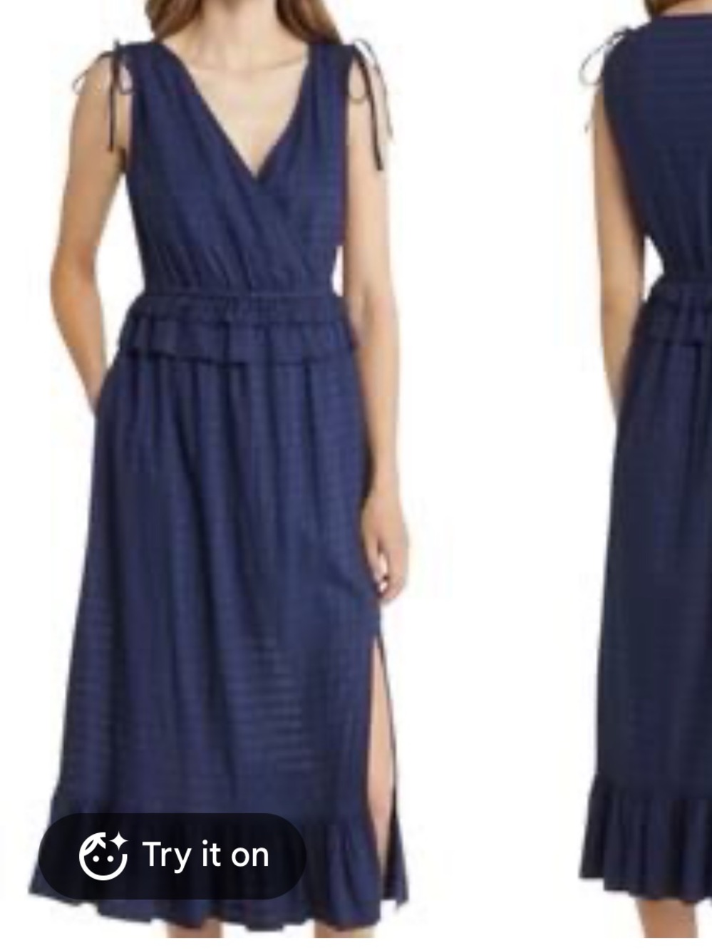 Caslon Tie Sleeve Faux-Wrap Ruffle-Slit Dobby Maxi Dress in Navy w/Pockets S